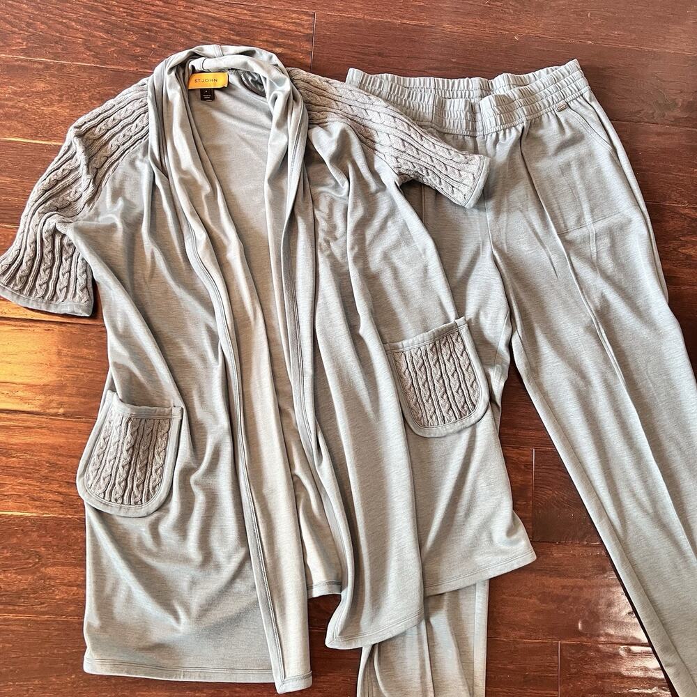 St John Yellow Label Comfortable Set Top/Jacket Sz P Pants Sz M Light Blue/Grey